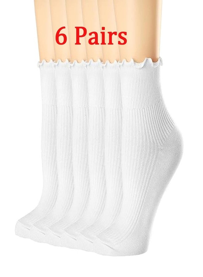 lycss Cute Women's White Ruffle Socks: Frilly Ankle-Length, Breathable Cotton, Warm & Soft Casual Crew Socks for Women - 6 Pack - Image 1